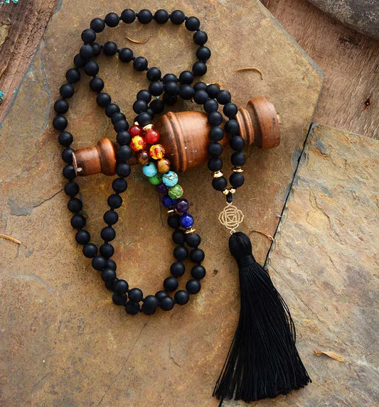 Black Onyx 7 Chakra Mala Necklace 108 Beads